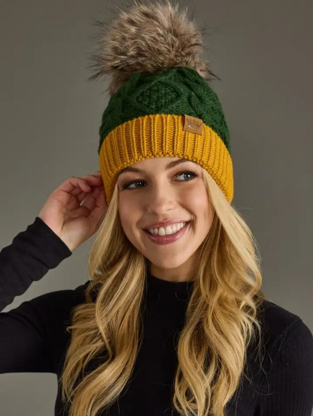 Knit Pom Beanie - Green and Mustard